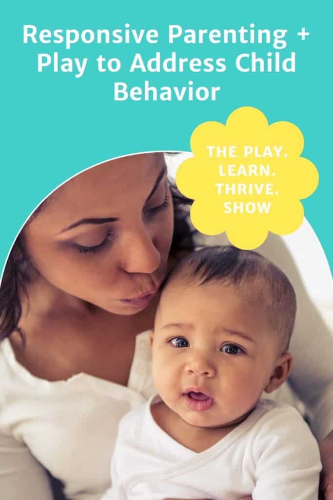A mom is sitting with her baby leaning down to give her a kiss on the forward gently redirecting her behavior via responsive parenting.